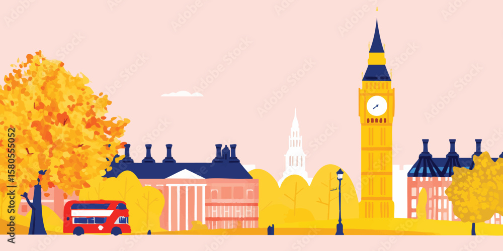 Fototapeta premium A vibrant illustration depicts a whimsical London cityscape with iconic landmarks, a classic red double-decker bus, and autumnal trees in a dreamy, colorful style.