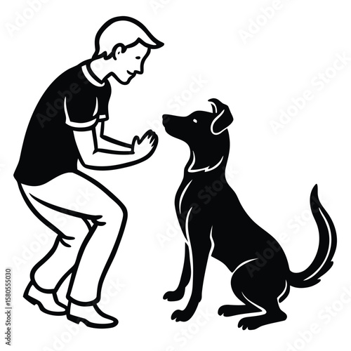 Joyful silhouette of a person and their dog playing together outdoors conveying companionship and happiness in a simple yet expressive graphic design