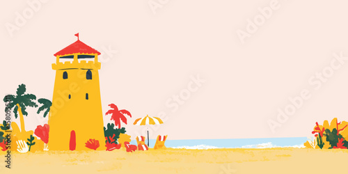 An idyllic beach scene, complete with a yellow lifeguard tower, palm trees, and sunbathers enjoying the warm weather.