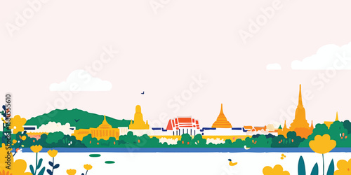 An eye-level view of the elegant Grand Palace, embraced by vibrant blossoms and lush foliage in a mesmerizing illustration.Thailand, Grand Palace, thai, Thai culture, thai graphics, thai palace, thai.