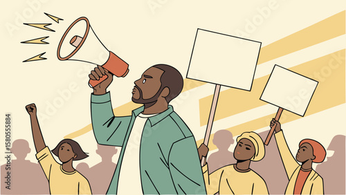 Diverse group of people protesting with signs and a megaphone