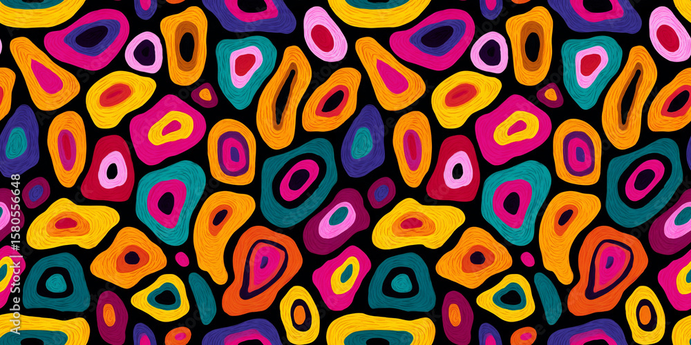 Fototapeta premium Vibrant seamless pattern featuring colorful abstract shapes on dark background