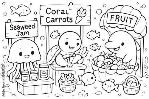 Cute Ocean Animals Underwater Scene Coloring Pages And Vector .