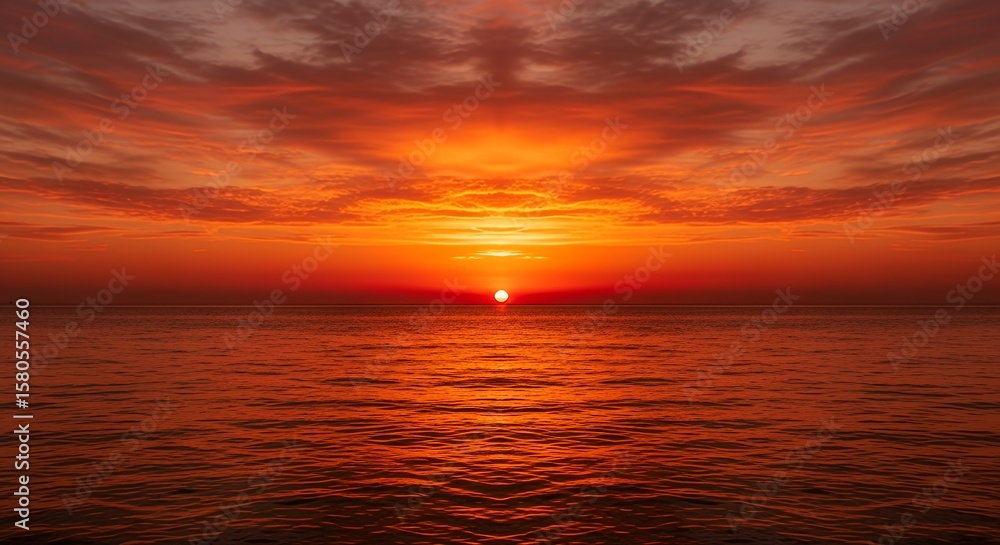 Obraz premium Ocean Sunset with Fiery Sky and Water Reflections for Nature Background