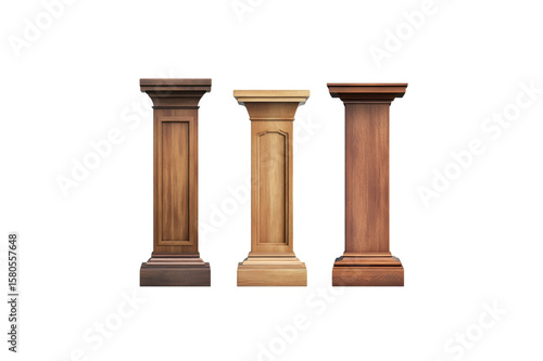 Three distinct wooden pillars showcasing diverse wood finishes and designs against a stark black backdrop transparent background