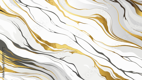 Vector art of an elegant abstract background featuring a swirling grey marble texture highlighted with gold veins
