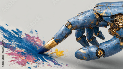 AI robot hand painting on canvas, creative futuristic concept, isolated background