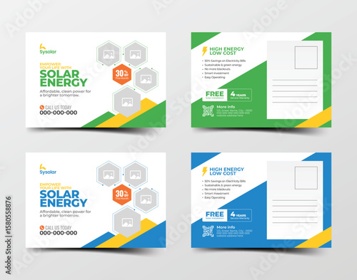 Clean and simple solar panel postcard template design with green and blue color versions