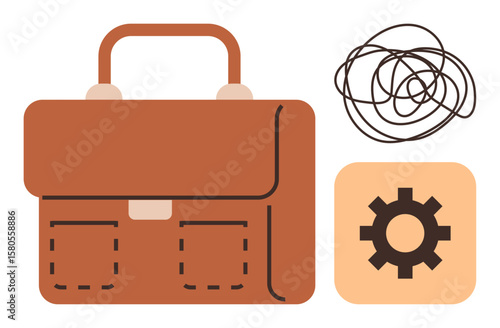 Brown briefcase, gear icon, and tangled line symbolizing work organization, challenges, tools, and solutions. Ideal for business, planning, productivity obstacles strategy creativity teamwork