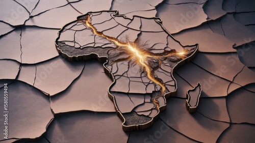 A cracked map of Africa with glowing fissures symbolizing division and conflict
