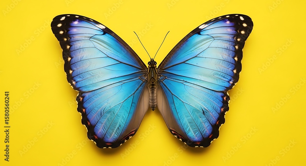 Obraz premium Vibrant blue butterfly against yellow backdrop