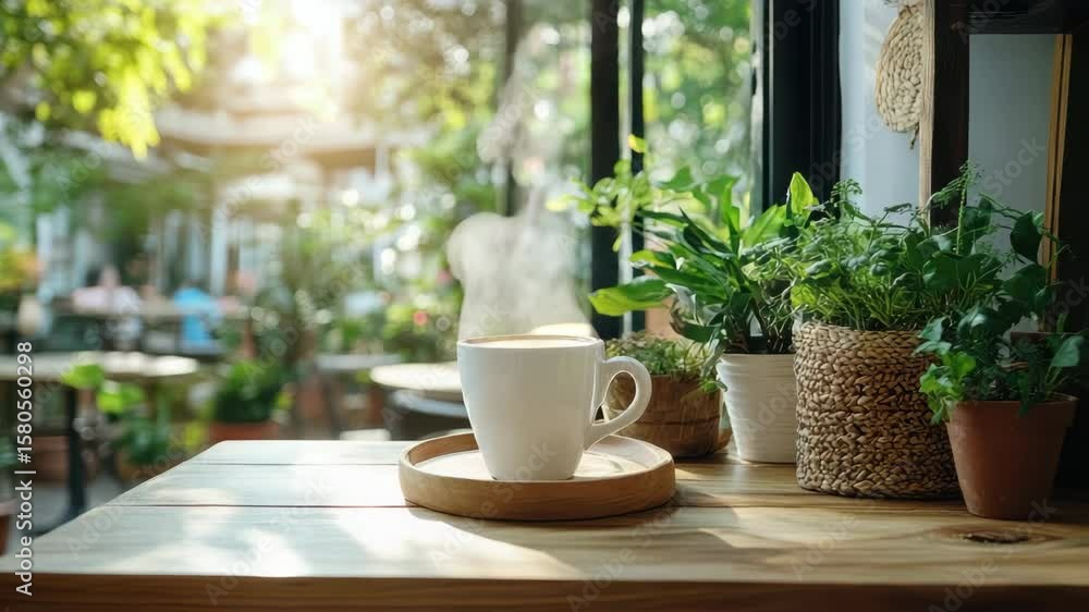 Serene coffee scene with white cup wooden table amidst lush greenery and sunlight shining through Serene coffee scene with white cup wooden table amidst lush greenery and sunlight shining through