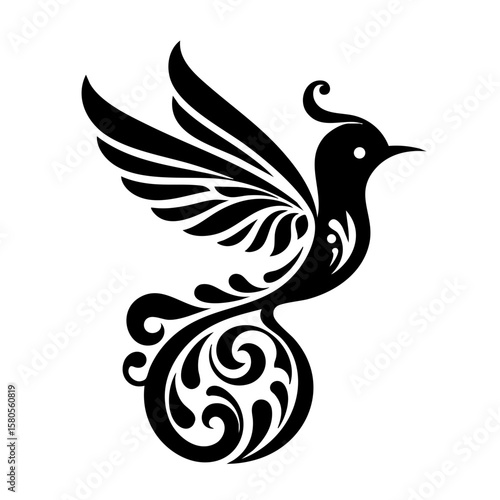 Black silhouette of an artistic bird with intricate patterns  