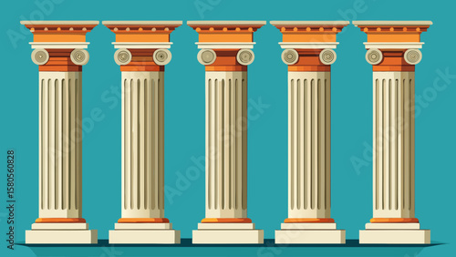Vector art of five ionic columns stand in a row against a teal background, representing classical architecture