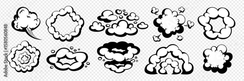 Comic cloud and smoke explosion effects set in black outline isolated on transparent background. Cartoon vector elements. Great for motion design, comics, and games