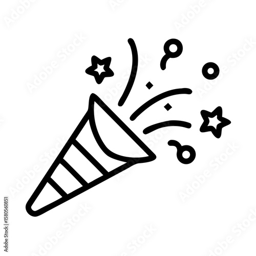 Party popper with confetti and stars in minimalist line art style  