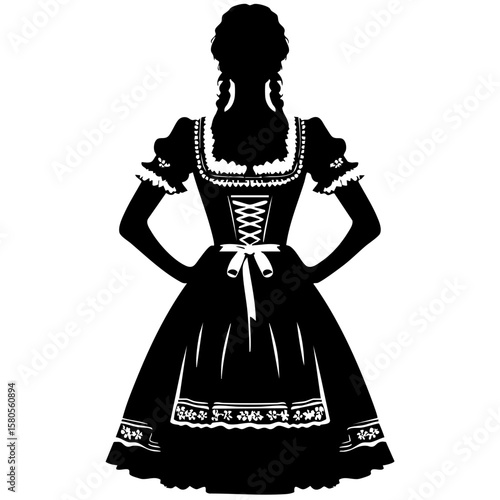 Silhouette of woman in traditional dress with cinched waist and sleeves  