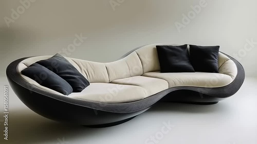Modern wave-shaped sofa with black cushions in a minimalist interior setting