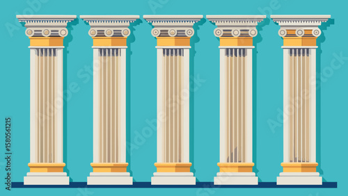 Vector art of five classic greek columns stand in a row against a teal background