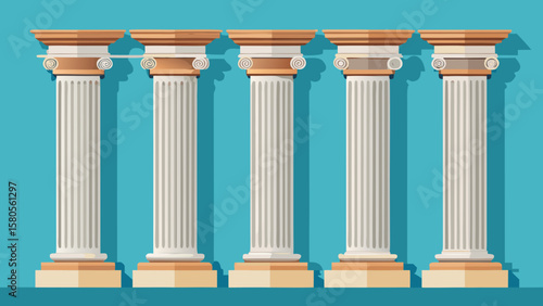 Vector art of five ionic columns are aligned in a row, casting shadows on a teal background, representing ancient architecture