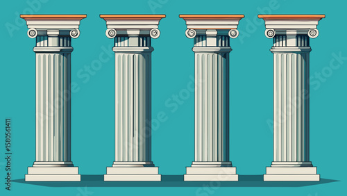 Vector art of four ionic columns stand in a row, showcasing classical architectural design and historical significance