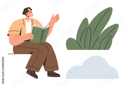 Relaxed individual holding a book and gesturing expressively, seated near plants and clouds. Ideal for education, storytelling, creativity, leisure, nature, mindfulness inspiration. A simple flat