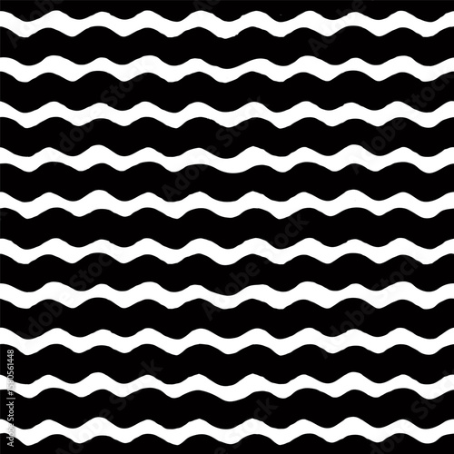 Wavy stripe seamless pattern in black and white. Hand drawn horizontal wave l...