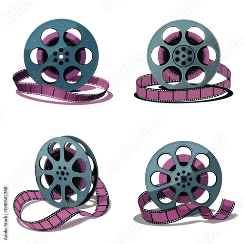Four Teal and Mauve Film Reels with Film Strips Isolated on White Background Movie Production Cinema Reel Set