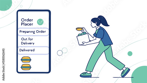 Delivery person carrying food with order placer app showing preparation status and burger icons on screen