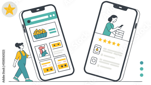 Illustration of two smartphones displaying app interfaces with reviews and a woman standing nearby
