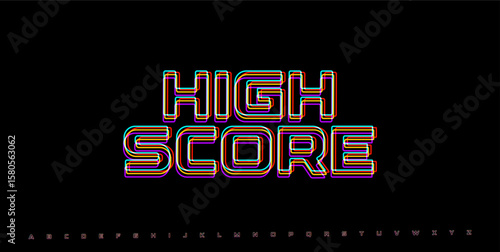 HIGH SCORE retro glitch phrase. Neon RGB arcade banner for gaming UI, win screen, or 80s style video game design. Vector illustration