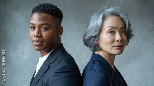 Two individuals, a young man and an older woman, stand back-to-back against a neutral gray background, both looking over their shoulders with serious expressions.
