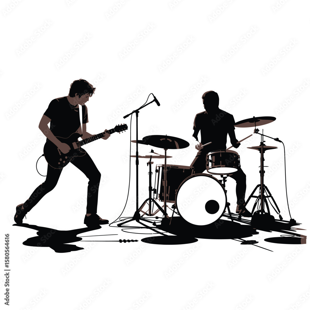 Obraz premium Two Silhouetted Musicians Performing Live Music a Guitarist and Drummer on Stage with Microphones and Drum Kit Black and White Illustration