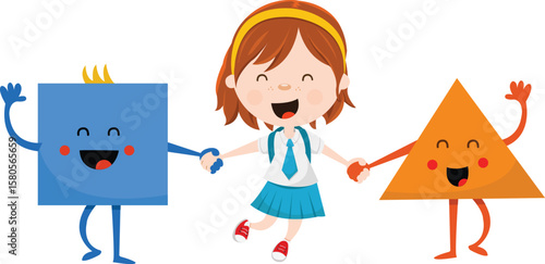 Cute School Girl Holding Hands With Triangle And Square Character