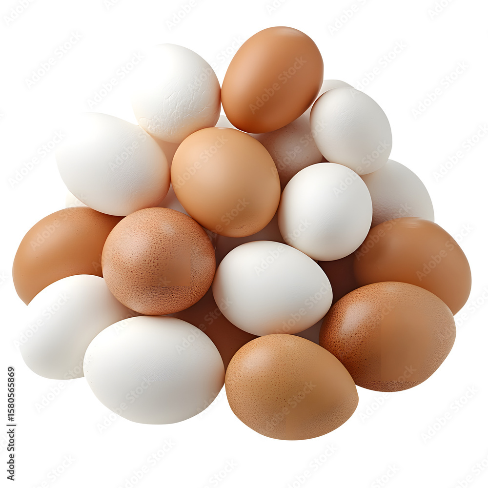 Pile stack heap of white and brown eggs .. Group of healthy traditional chicken fresh organic protein food, many, meal ingredient, breakfast, diet isolated on a white background Pile stack heap of white and brown eggs .. Group of healthy traditional chicken fresh organic protein food, many, meal ingredient, breakfast, diet isolated on a white background