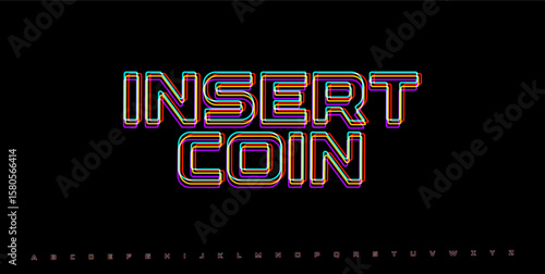INSERT COIN retro glitch typography. RGB arcade interface element with neon distortion. Vaporwave pixel art style for gaming UI. Vector illustration.