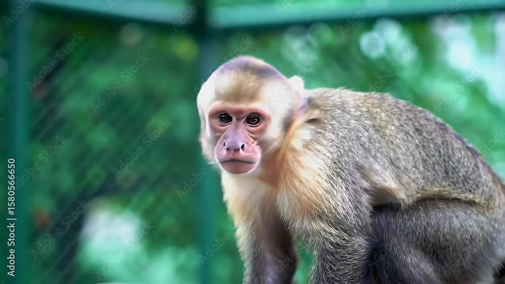 Curious capuchin monkey portrait with bright fur and direct gaze in a green environment, wildlife close-up Curious capuchin monkey portrait with bright fur and direct gaze in a green environment, wildlife close-up