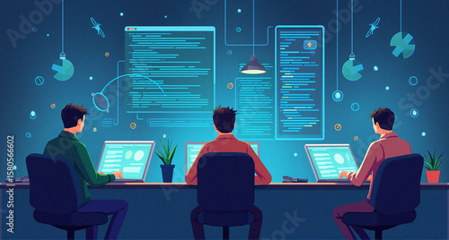 Team of Developers Coding and Collaborating in Futuristic Digital Workspace – Vector Illustration