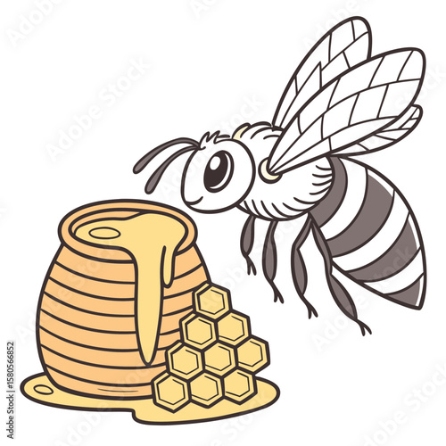 A bee flying towards a pot of honey and honeycomb vector clipart