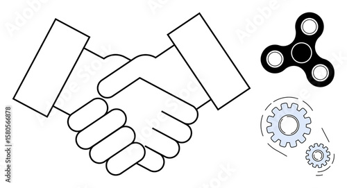 Handshake symbolizing agreement, accompanied by a fidget spinner and interlocking gears. Ideal for business, partnership, teamwork, collaboration, innovation, agreements, and teamwork strategies