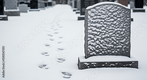 Visiting a Grave in Winter Footprints in Snow Lead to Headstone