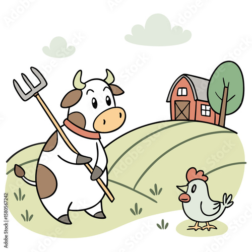 Cow with pitchfork and chicken in a field vector clipart