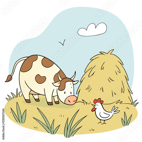 Cow and chicken in a grassy field with hay vector clipart