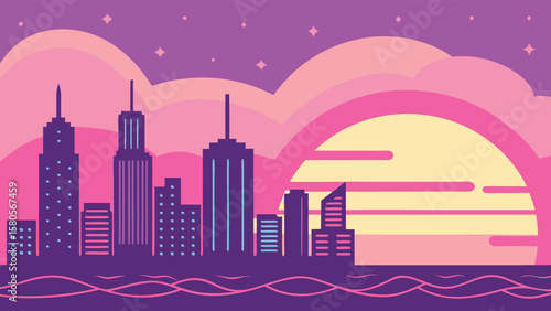 Vibrant cityscape silhouette against a dreamy sunset sky
