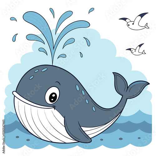 A happy whale spouting water in the ocean with birds vector clipart