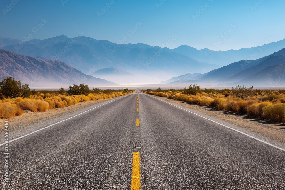 Fototapeta premium Expansive highway stretches through arid landscape with mountains and clear blue sky in background