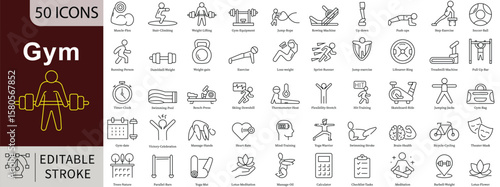 Gym Line Icons Set with Editable Stroke for Fitness Equipment, Workout, Exercise, and Training Activities