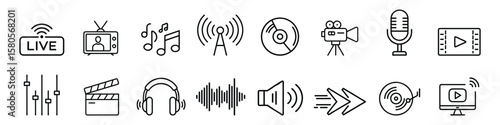 Multimedia and sound technology line icons including music, audio wave, speaker, podcast, video, recording and transmission