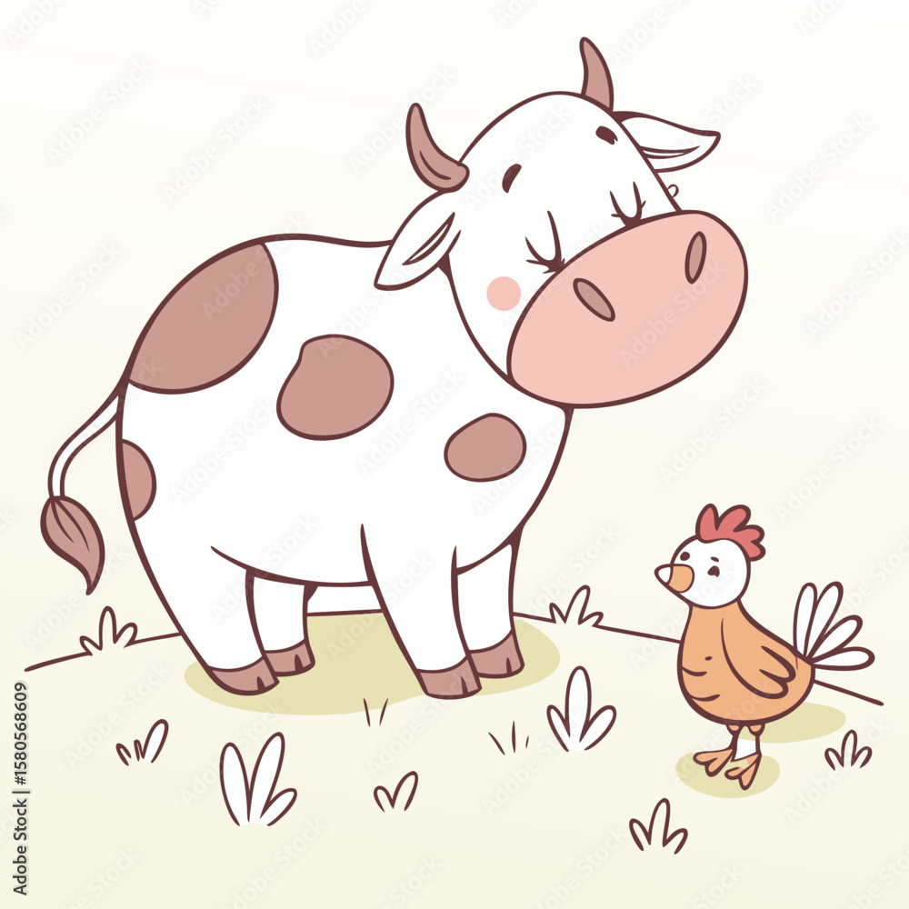 Obraz premium A cow and a chicken in a grassy field on a light background vector clipart