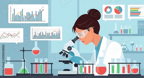 Scientist in Lab Conducting Research with Microscope and Data Analysis Visualizations, Exploring Medical and Chemical Solutions